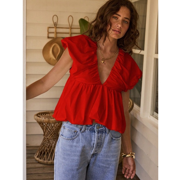 Red Puff Top V-Neck Short Sleeve Tie Back Babydoll Style - Picture 3 of 8